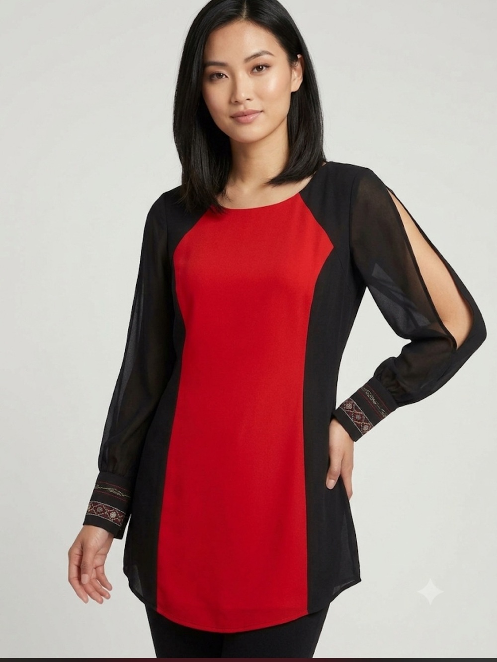 Arden B Red & Black Split-Sleeve Tunic Top